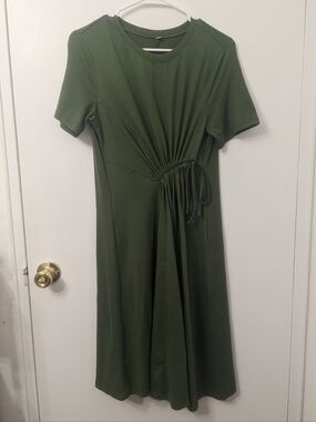 Olive Green Short-Sleeve Gathered Waist Dress with Asymmetrical Tie Detail